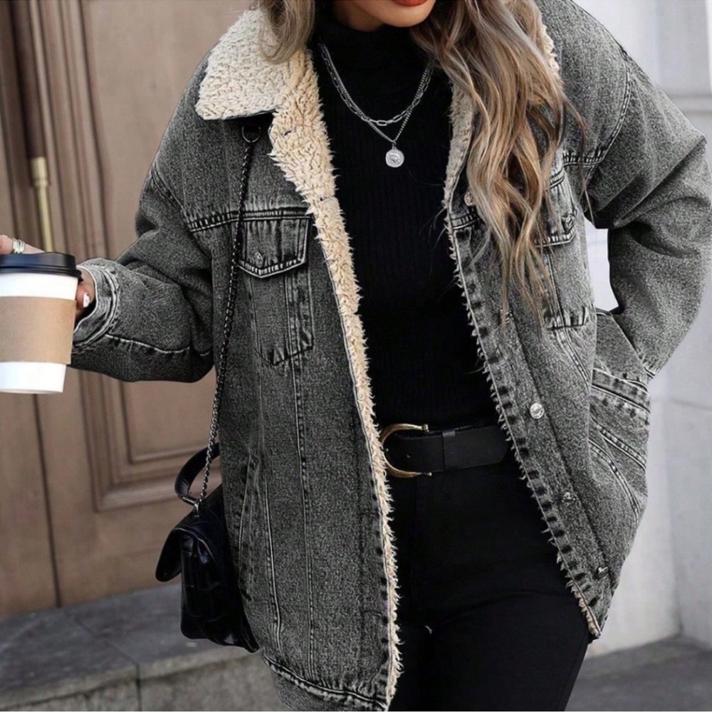 Vintage Wash Black Sherpa Teddy Lined Loose Fit Denim Jacket XS S M L XL